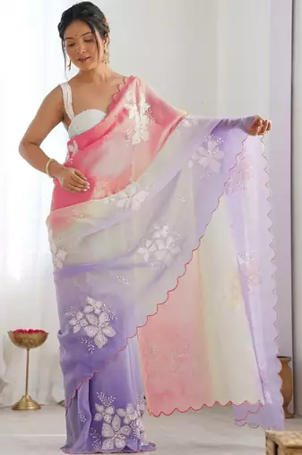 Multicolor floral sequinned silk blend designer saree