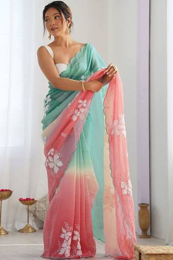 Multicolor floral sequinned silk blend designer saree