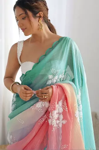 Multicolor floral sequinned silk blend designer saree