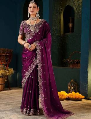 Purple paisley embroidered satin designer saree 1