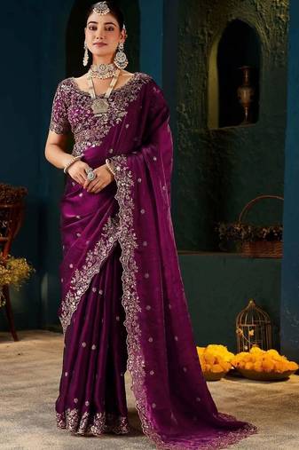 Purple paisley embroidered satin designer saree