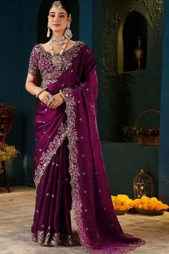 Purple paisley embroidered satin designer saree