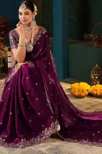 Purple paisley embroidered satin designer saree