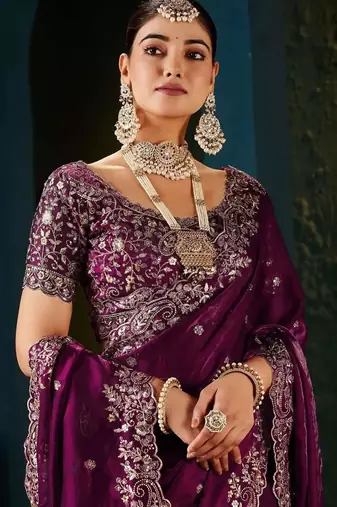 Purple paisley embroidered satin designer saree