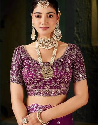 Purple paisley embroidered satin designer saree 4