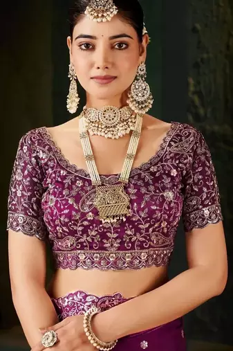 Purple paisley embroidered satin designer saree