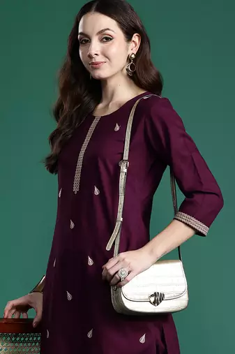 Burgundy embroidered viscose rayon kurta trouser set
