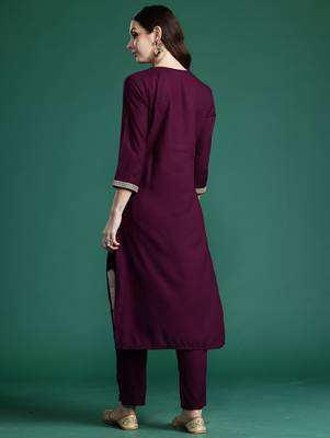 Burgundy embroidered viscose rayon kurta trouser set 3