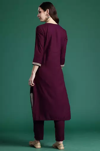 Burgundy embroidered viscose rayon kurta trouser set
