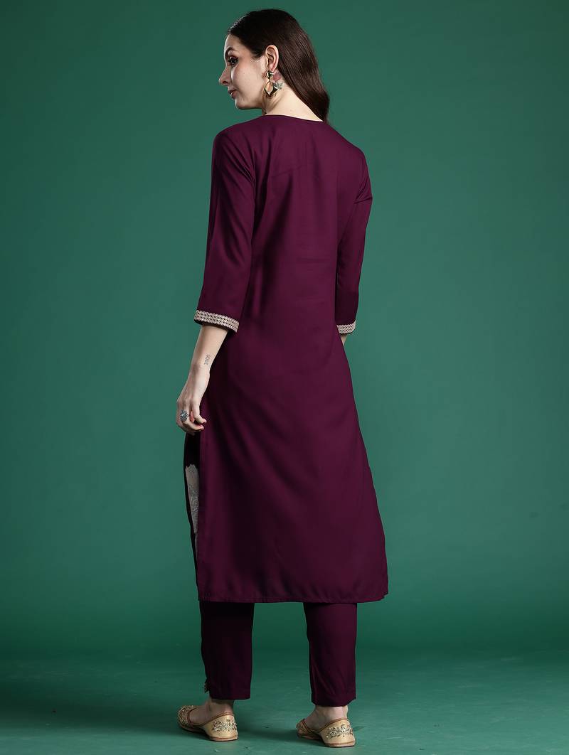 Burgundy embroidered viscose rayon kurta trouser set