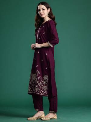 Burgundy embroidered viscose rayon kurta trouser set 4