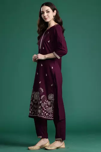 Burgundy embroidered viscose rayon kurta trouser set