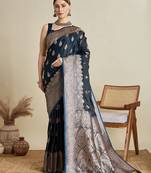 Navy blue ethnic motifs woven design banarasi saree with blouse piece