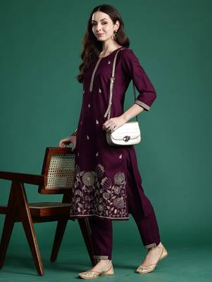 Burgundy embroidered viscose rayon kurta trouser set 1