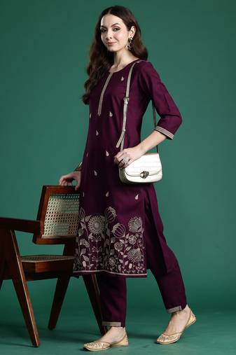 Burgundy embroidered viscose rayon kurta trouser set