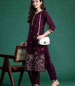 Burgundy embroidered viscose rayon kurta trouser set
