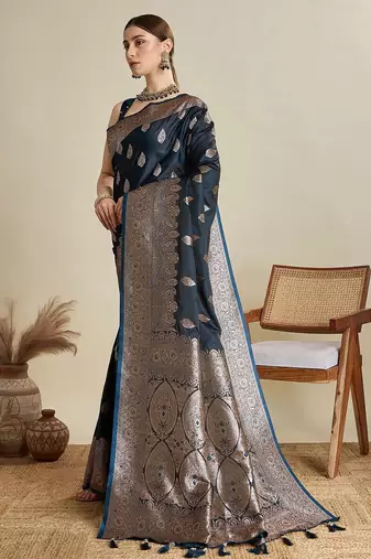 Navy blue ethnic motifs woven design banarasi saree with blouse piece