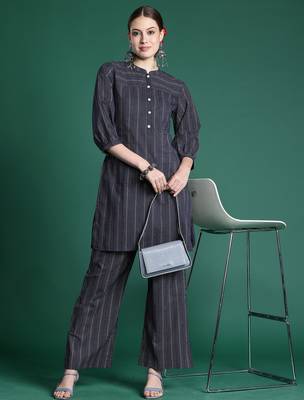 Navy blue printed cotton kurta trouser set 1
