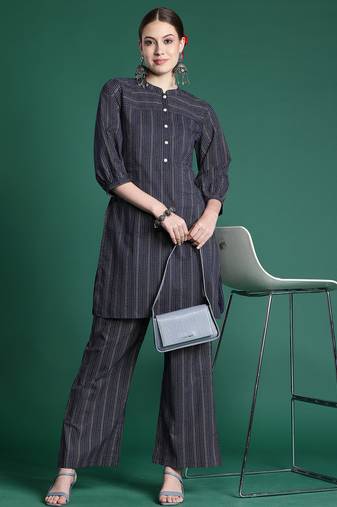 Navy blue printed cotton kurta trouser set