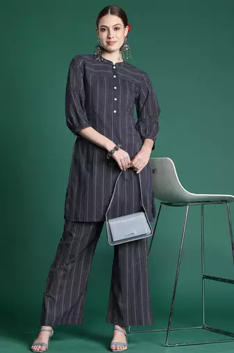 Navy blue printed cotton kurta trouser set