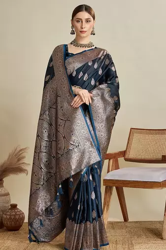 Navy blue ethnic motifs woven design banarasi saree with blouse piece