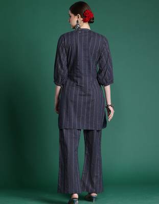 Navy blue printed cotton kurta trouser set 2