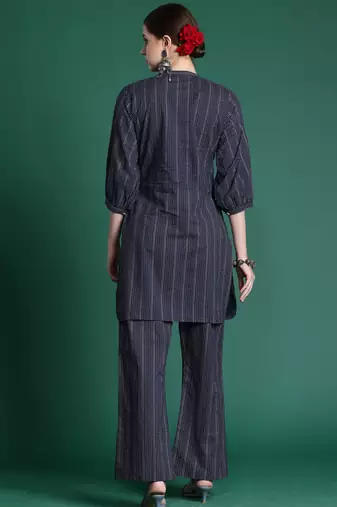 Navy blue printed cotton kurta trouser set