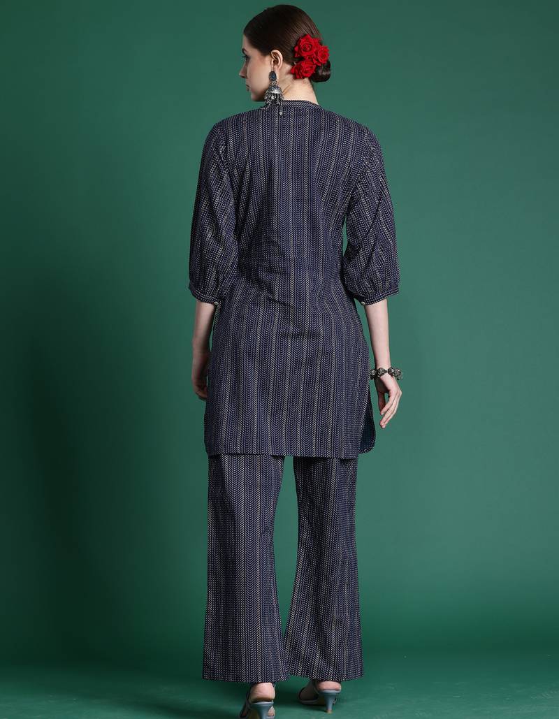 Navy blue printed cotton kurta trouser set