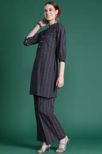Navy blue printed cotton kurta trouser set