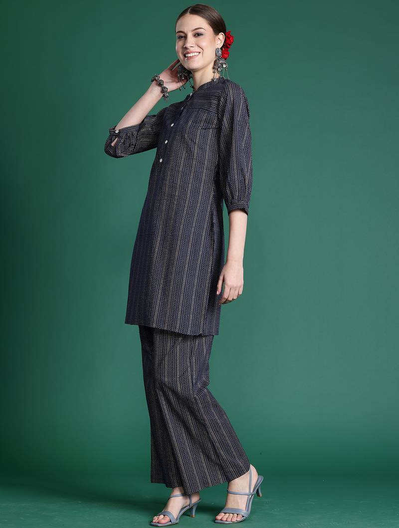 Navy blue printed cotton kurta trouser set