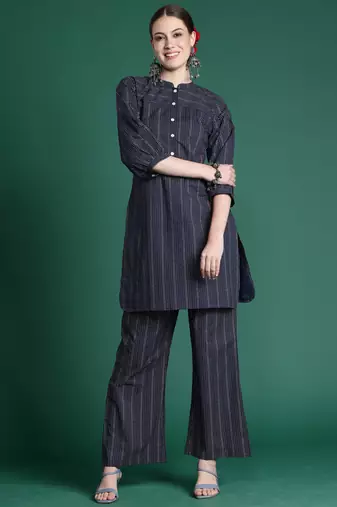 Navy blue printed cotton kurta trouser set