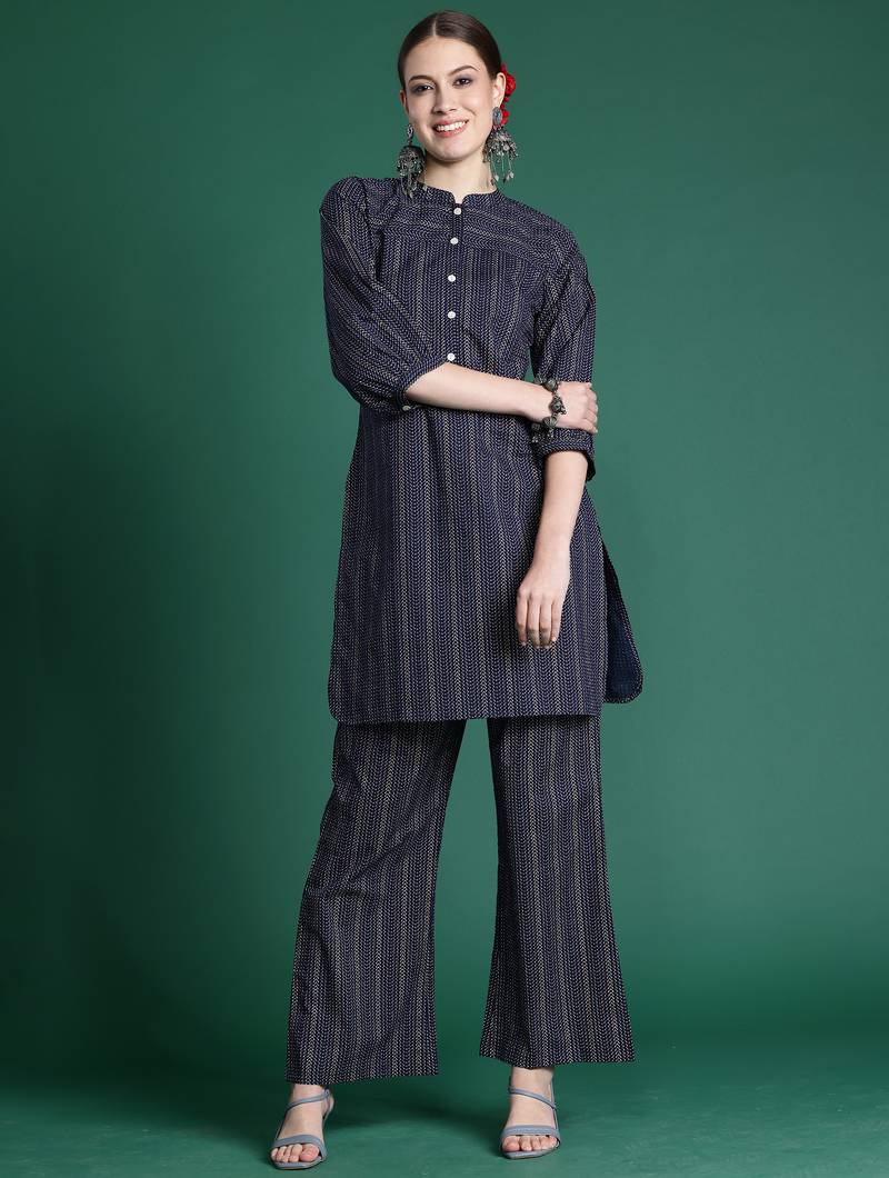 Navy blue printed cotton kurta trouser set