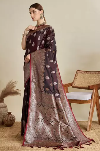 Magenta ethnic motifs zari banarasi saree with blouse piece