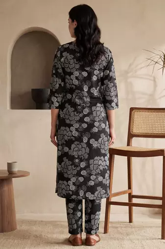Black printed cotton kurta trouser set