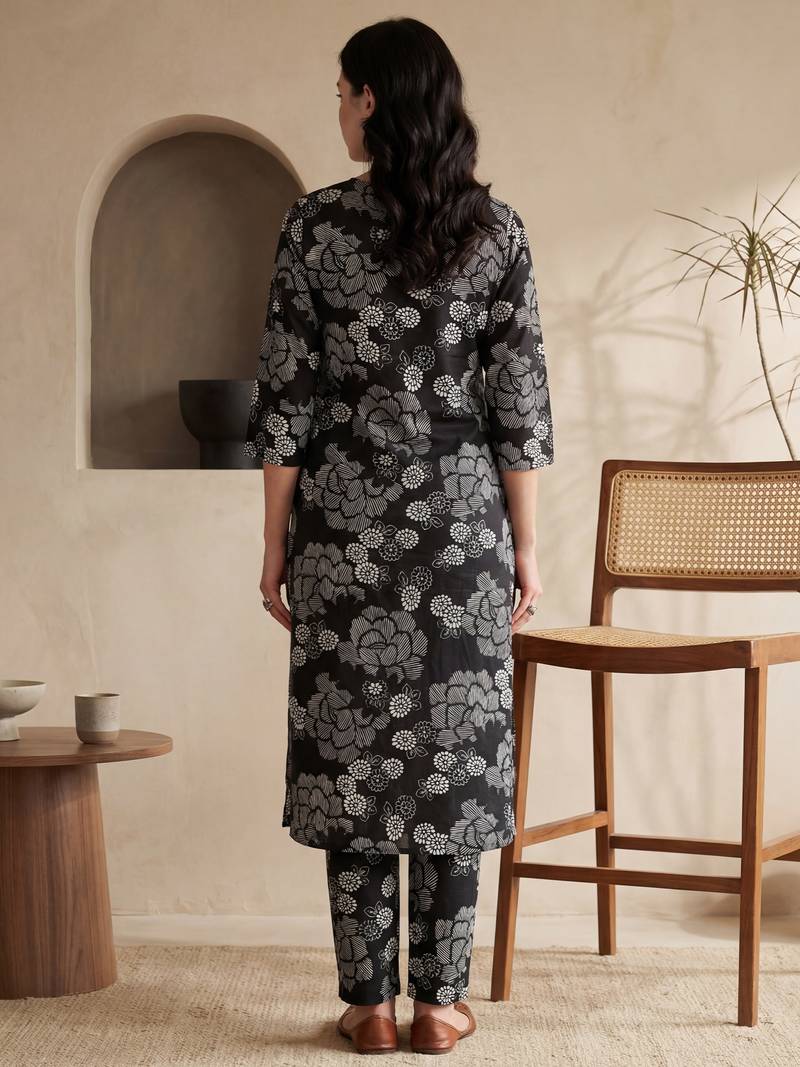 Black printed cotton kurta trouser set