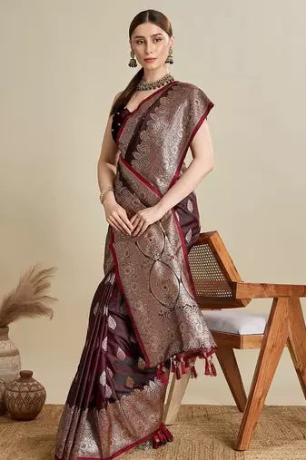 Magenta ethnic motifs zari banarasi saree with blouse piece