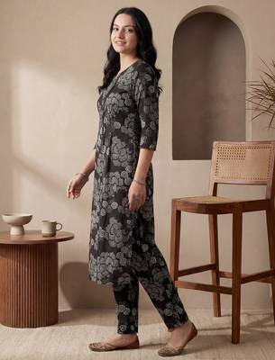 Black printed cotton kurta trouser set 3