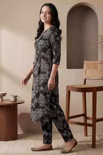 Black printed cotton kurta trouser set