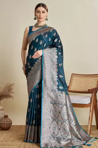 Teal ethnic motifs woven design banarasi saree