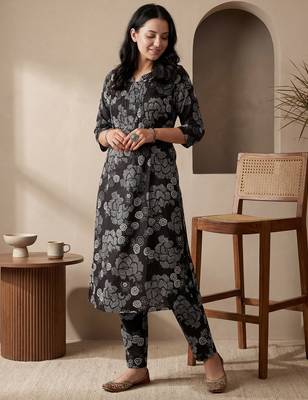 Black printed cotton kurta trouser set 4