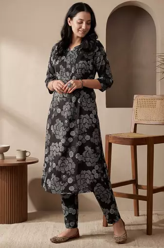 Black printed cotton kurta trouser set