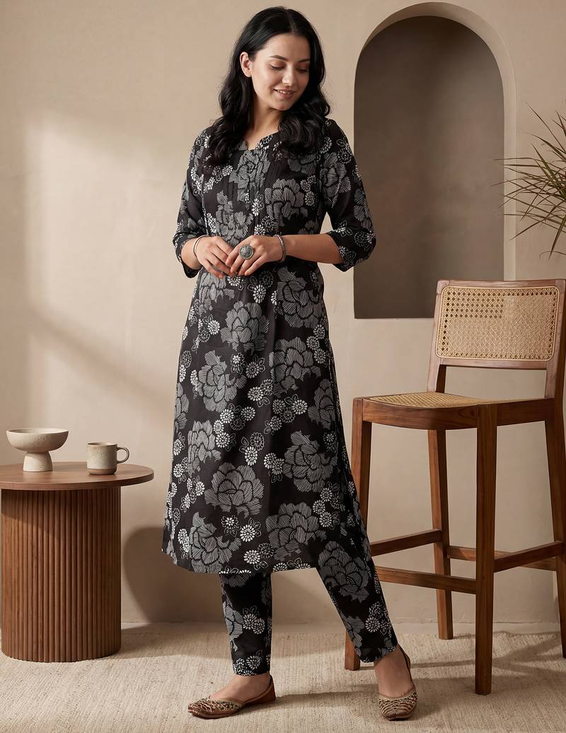 Black printed cotton kurta trouser set