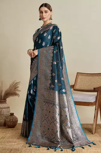 Teal ethnic motifs woven design banarasi saree