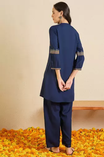 Blue printed viscose rayon kurta trouser set