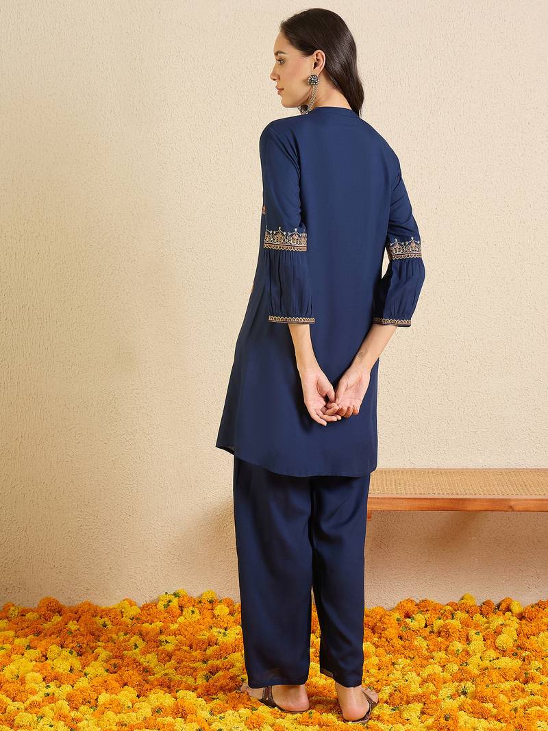 Blue printed viscose rayon kurta trouser set