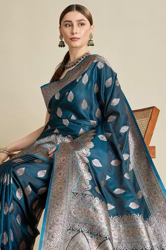 Teal ethnic motifs woven design banarasi saree