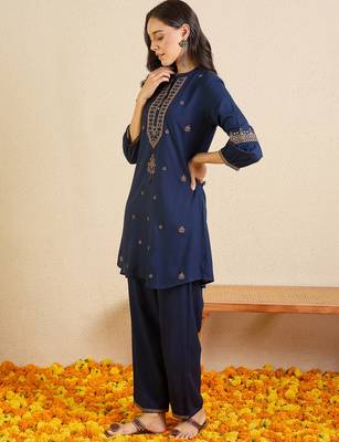 Blue printed viscose rayon kurta trouser set 4