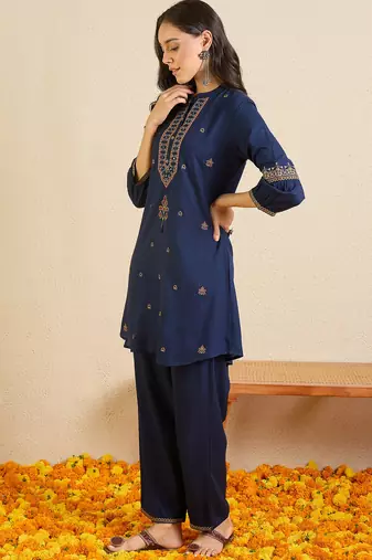 Blue printed viscose rayon kurta trouser set