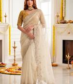 Off white embellished embroidered poly georgette heavy work saree