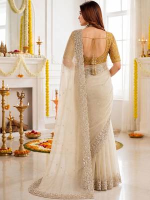 Off white embellished embroidered poly georgette heavy work saree 2